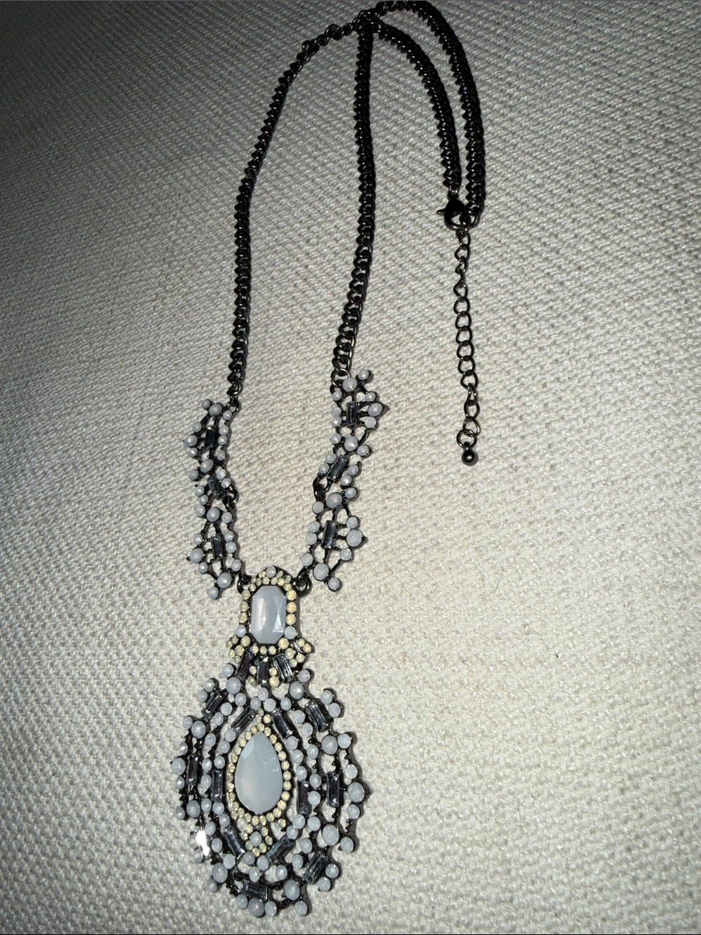 Art Deco Black & Silver Filigree Long Statement Necklace